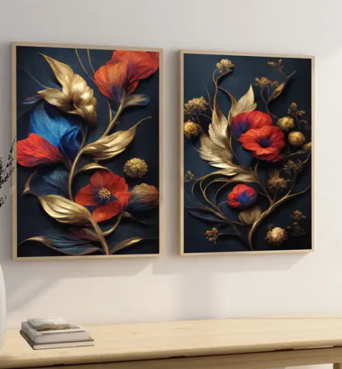 Quadros Decorativos Flores Douradas Vermelhas Com Moldura