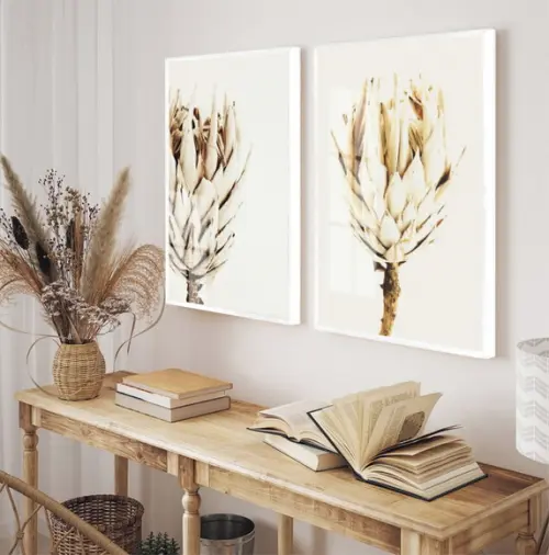 Quadros Decorativos Flores Folhagem Bege Com Moldura E Vidro