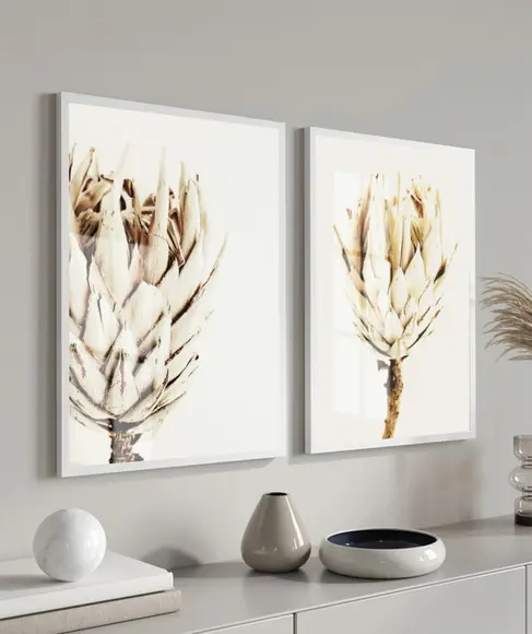 Quadros Decorativos Flores Folhagem Bege Com Moldura E Vidro