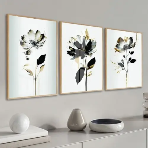 Quadros Decorativos Flores Modernas Azul com Moldura e Vidro