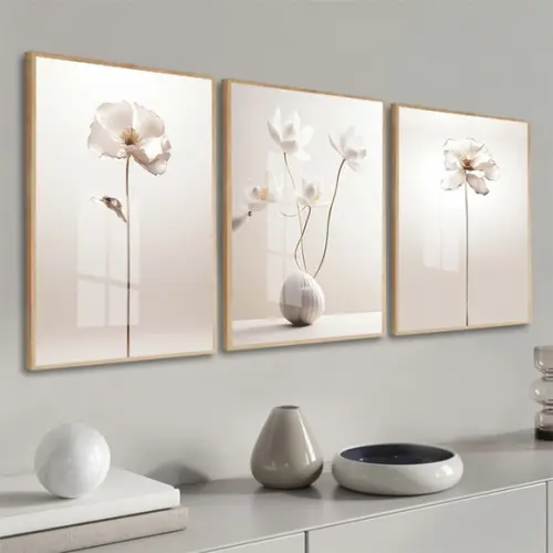 Quadros Decorativos Flores Modernas Bege com Moldura e Vidro