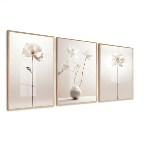 Quadros Decorativos Flores Modernas Bege com Moldura e Vidro