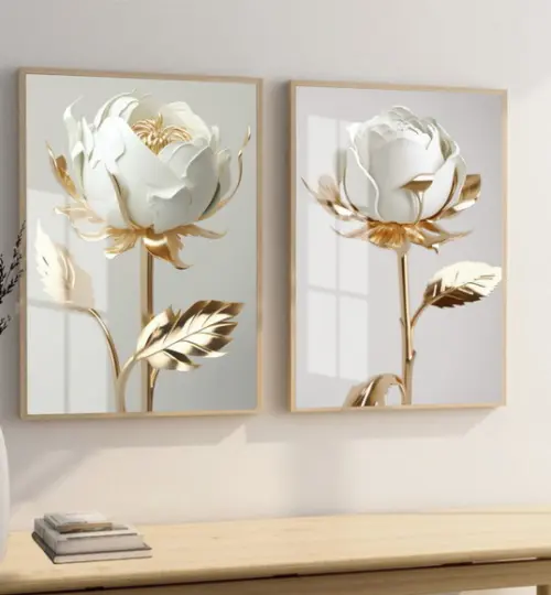 Quadros Decorativos Flores Modernas Douradas Moldura e Vidro