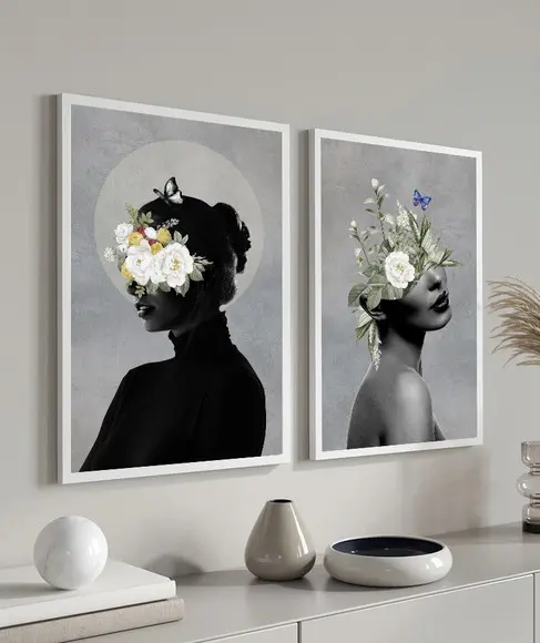 Quadros Decorativos Flores Mulheres Preto E Branco Moldura
