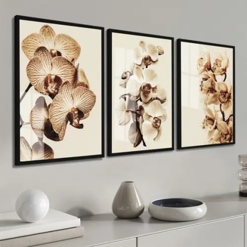 Quadros Decorativos Flores Orquídea Bege Com Moldura E Vidro