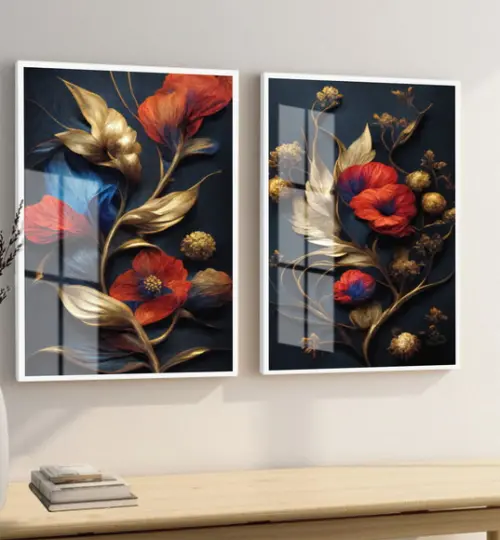 Quadros Decorativos Flores Vermelhas Dourada Moldura E Vidro