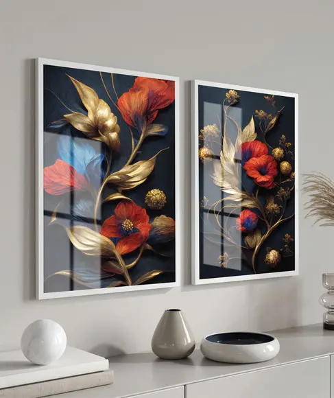 Quadros Decorativos Flores Vermelhas Dourada Moldura E Vidro