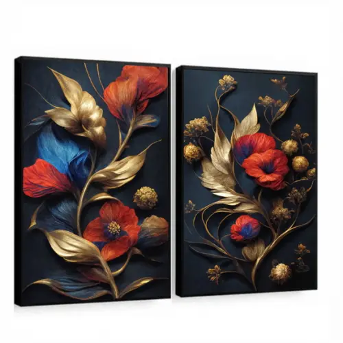Quadros Decorativos Flores Vermelhas Douradas Com Moldura
