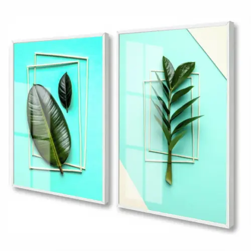 Quadros Decorativos Folhagem Abstrato Azul Moldura e Vidro