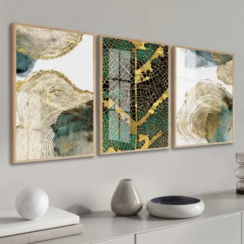 Quadros Decorativos Folhagem Abstrato Dourado Moldura Vidro