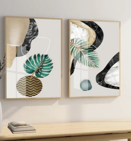 Quadros Decorativos Folhagem Abstrato Gold Moldura E Vidro