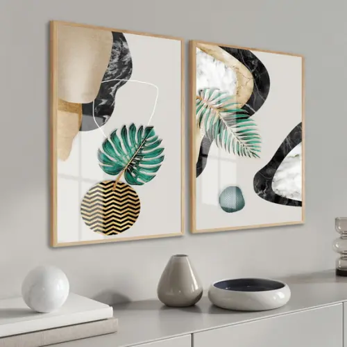 Quadros Decorativos Folhagem Abstrato Gold Moldura E Vidro