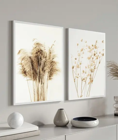 Quadros Decorativos Folhagem Bege Flor Paisagem Com Moldura