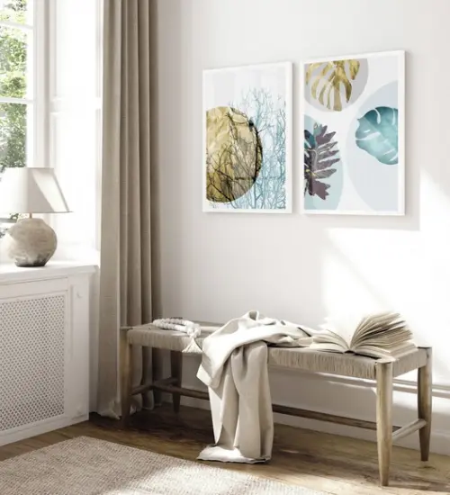 Quadros Decorativos Folhagem Azul Modernos Moldura e Vidro
