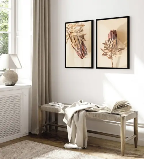 Quadros Decorativos Folhagem Bege Flores Boho Moldura Vidro