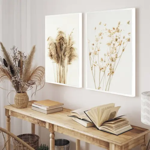 Quadros Decorativos Folhagem Bege Flor Paisagem Com Moldura