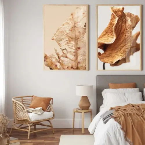 Quadros Decorativos Folhagem Bege Moderno Moldura e Vidro