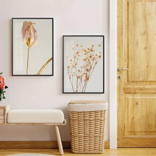 Quadros Decorativos Folhagem Bege Para Sala Moldura e Vidro