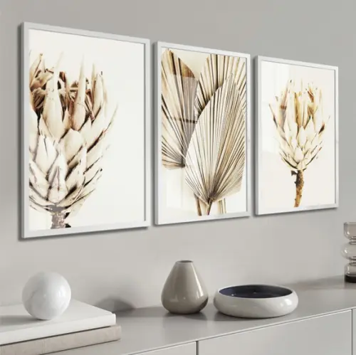 Quadros Decorativos Folhagem Bege Para Sala Moldura E Vidro