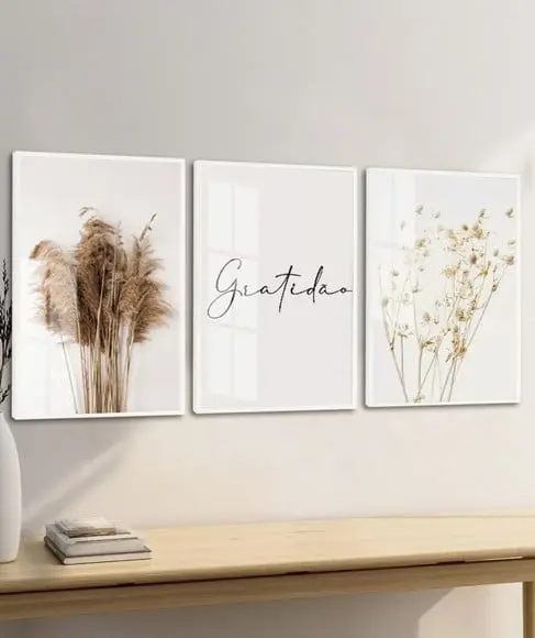 Quadros Decorativos Folhagem Boho Gratidão Moldura e Vidro