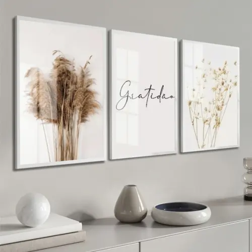 Quadros Decorativos Folhagem Boho Gratidão Moldura e Vidro