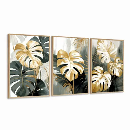 Quadros Decorativos Folhagem Costela de Adão Dourada Moldura