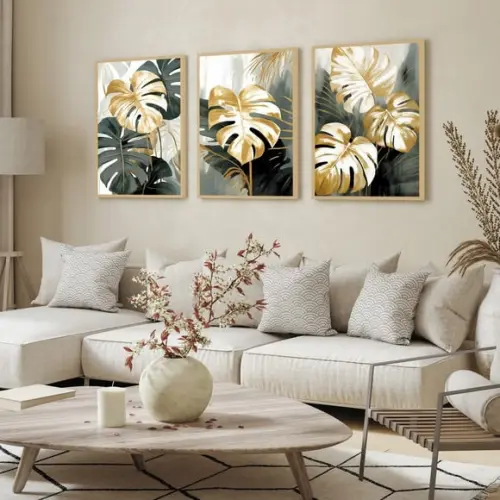 Quadros Decorativos Folhagem Costela de Adão Dourada Moldura