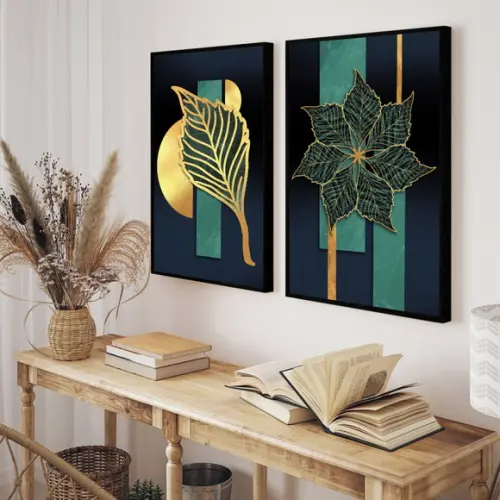 Quadros Decorativos Folhagem Dourada Abstrato Com Moldura