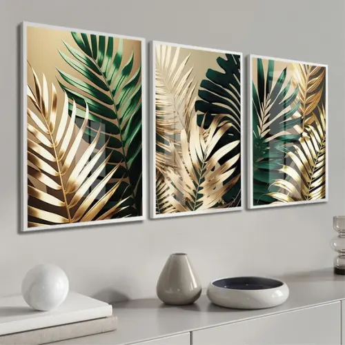 Quadros Decorativos Folhagem Dourada e Verde Moldura e Vidro