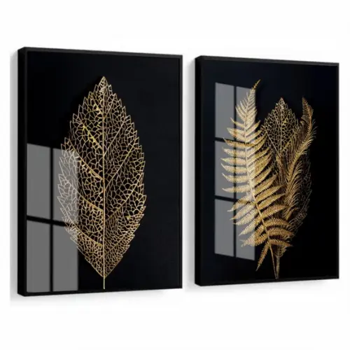 Quadros Decorativos Folhagem Dourada Moderno Moldura e Vidro