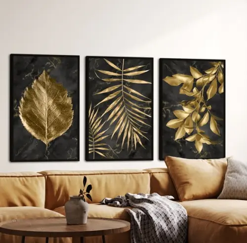 Quadros Decorativos Folhagem Dourada Quarto Sala Com Moldura