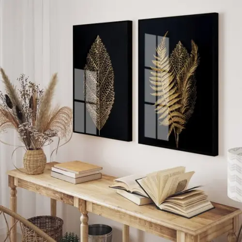 Quadros Decorativos Folhagem Dourada Moderno Moldura e Vidro
