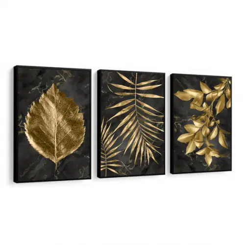 Quadros Decorativos Folhagem Dourada Quarto Sala Com Moldura