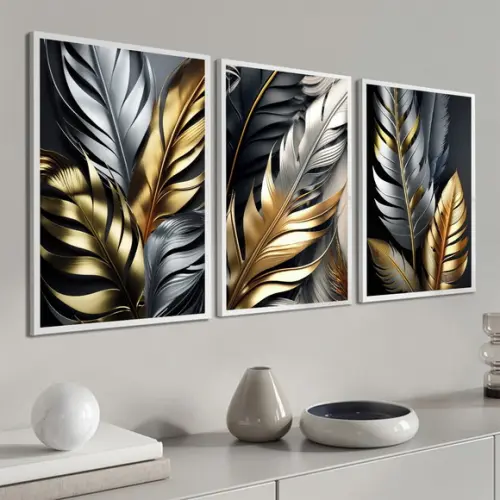 Quadros Decorativos Folhagem Douradas Gold para Sala Moldura