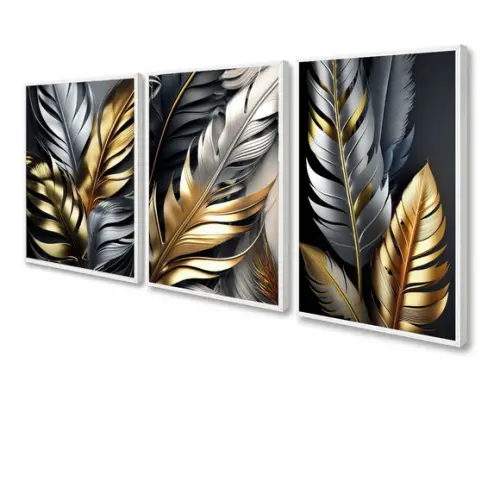 Quadros Decorativos Folhagem Douradas Gold para Sala Moldura