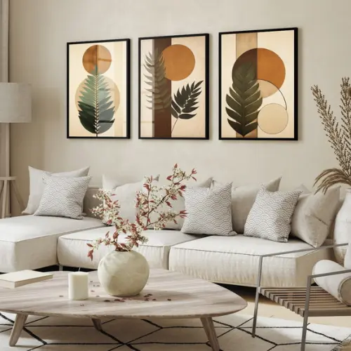 Quadros Decorativos Folhagem Marrom Boho Moderno com Vidro