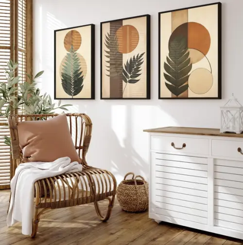 Quadros Decorativos Folhagem Marrom Boho Moderno com Vidro