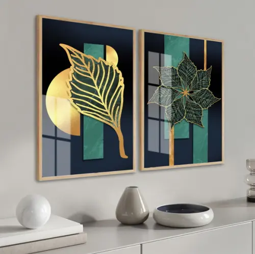 Quadros Decorativos Folhagem Geométrico Gold Moldura E Vidro