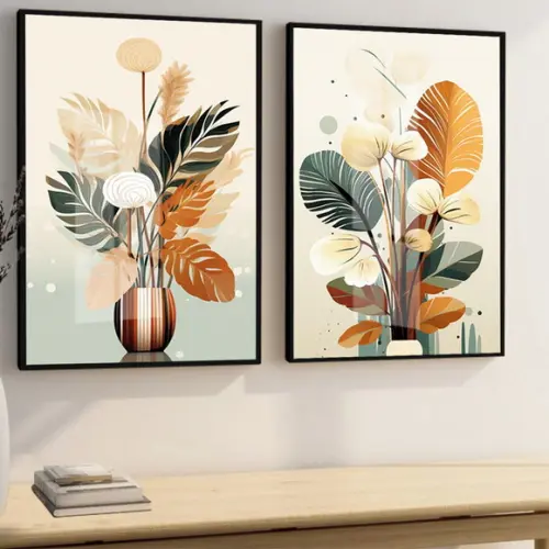 Quadros Decorativos Folhagem Moderna Sala com Moldura Vidro