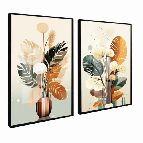 Quadros Decorativos Folhagem Moderna Sala com Moldura Vidro