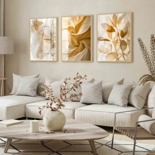 Quadros Decorativos Folhagem Nude Bege Claro Moldura e Vidro