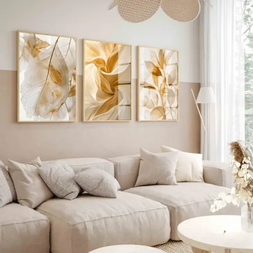 Quadros Decorativos Folhagem Nude Bege Claro Moldura e Vidro