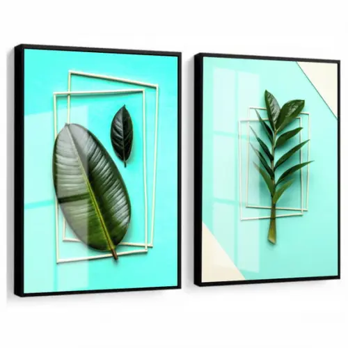 Quadros Decorativos Folhagem Verde Abstrato Moldura e Vidro