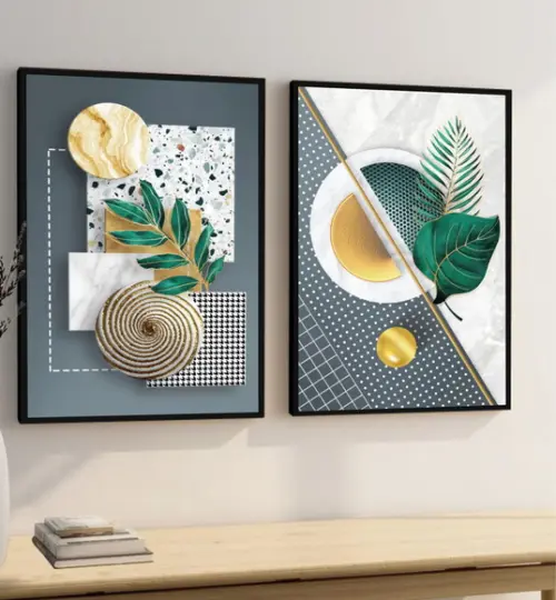 Quadros Decorativos Folhagem Verde Dourada Gold com Moldura