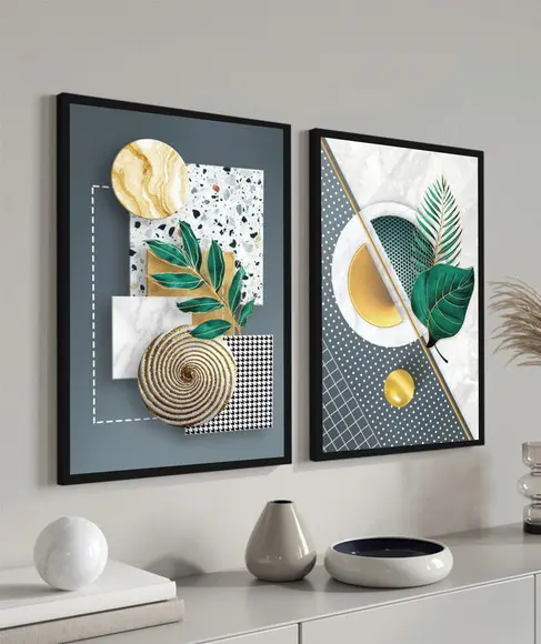 Quadros Decorativos Folhagem Verde Dourada Gold com Moldura