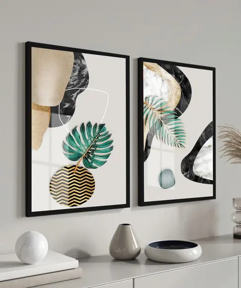 Quadros Decorativos Folhagem Verde Dourada Moldura E Vidro