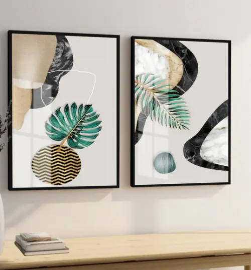 Quadros Decorativos Folhagem Verde Dourada Moldura E Vidro
