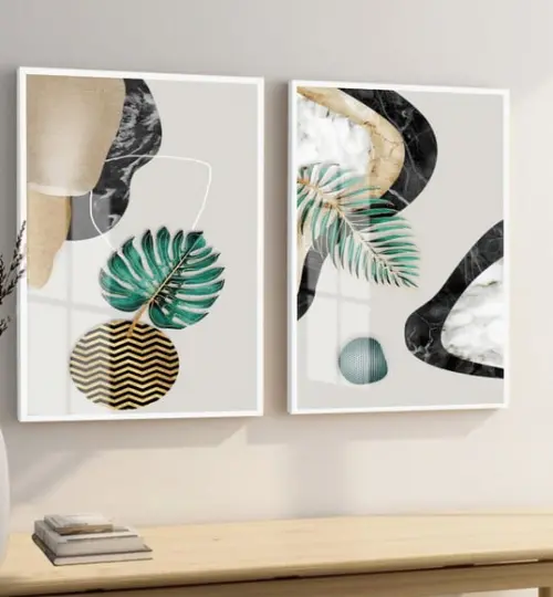 Quadros Decorativos Folhagem Verde Dourado Moldura E Vidro