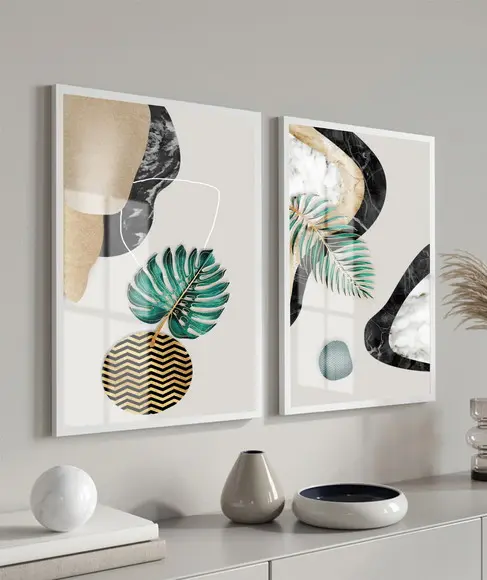Quadros Decorativos Folhagem Verde Dourado Moldura E Vidro