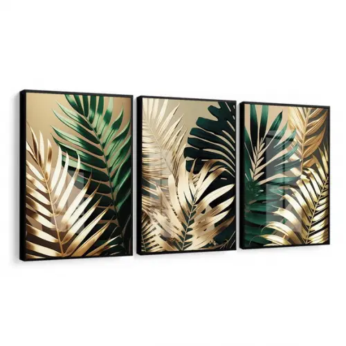 Quadros Decorativos Folhagem Verde e Dourada Moldura e Vidro